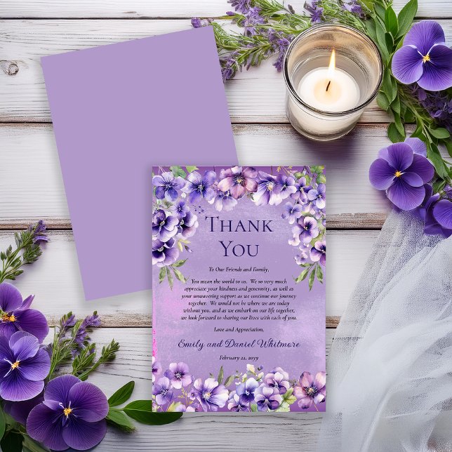 Elegant Violet Floral Wedding Thank You Card (Elegant violet florals for a refined and timeless wedding thank you card.)
