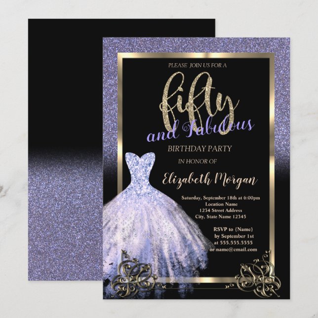 Elegant Violet Glitter Dress 50th Birthday Party Invitation (Front/Back)