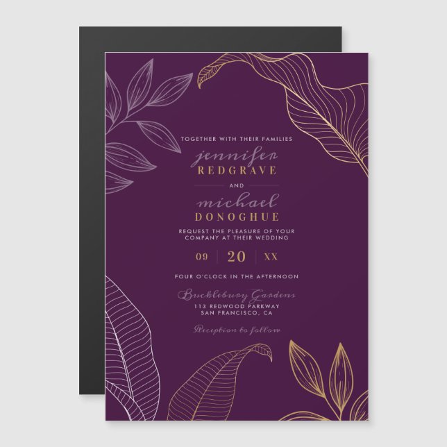 Elegant Violet Gold Buds Modern Wedding Magnetic Invitation (Front/Back)