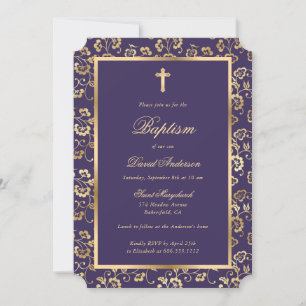 Elegant Violet Gold Cross Script Floral Baptism Invitation