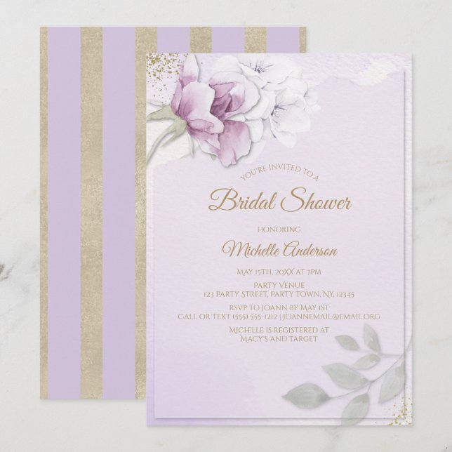 Elegant Violet Gold Floral Bridal Shower Invitation (Front/Back)