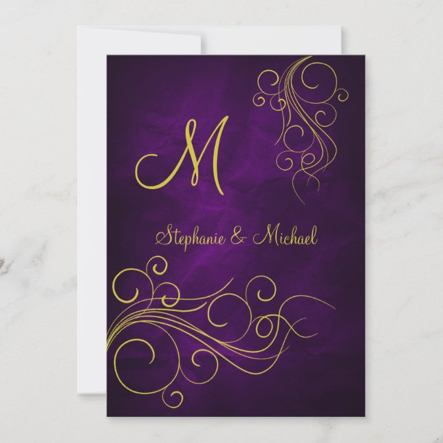 Elegant Violet Gold Monogram Wedding Invitation (Front)