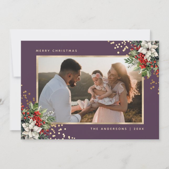 Elegant Violet Gold Poinsettia Holly Berries Photo Holiday Card (Front)