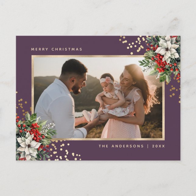 Elegant Violet Gold Poinsettia Holly Berries Photo Holiday Postcard (Front)