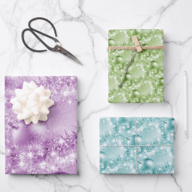 Elegant Violet, Green and Turquoise Christmas Ball Wrapping Paper Sheet (Front)