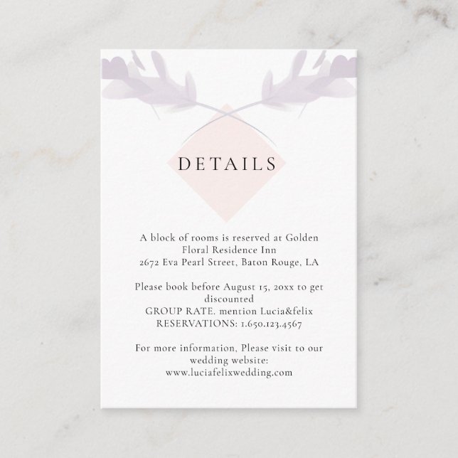 Elegant Violet Lavender & Peach Wedding Details Enclosure Card (Front)