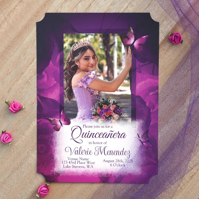 Elegant Violet Pink Roses, Butterflies Quinceanera Invitation (Elegant Violet Pink Butterflies Quinceanera Invitations with Photo)