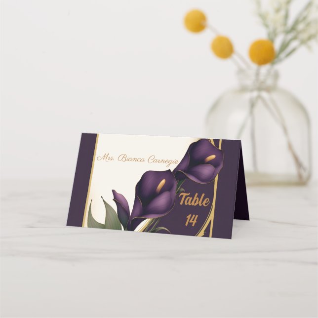 Elegant Violet Purple and Gold Calla Lily Wedding  Place Card (Front)
