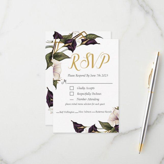 Elegant Violet Purple Calla Lily RSVP Wedding (Front/Back In Situ)