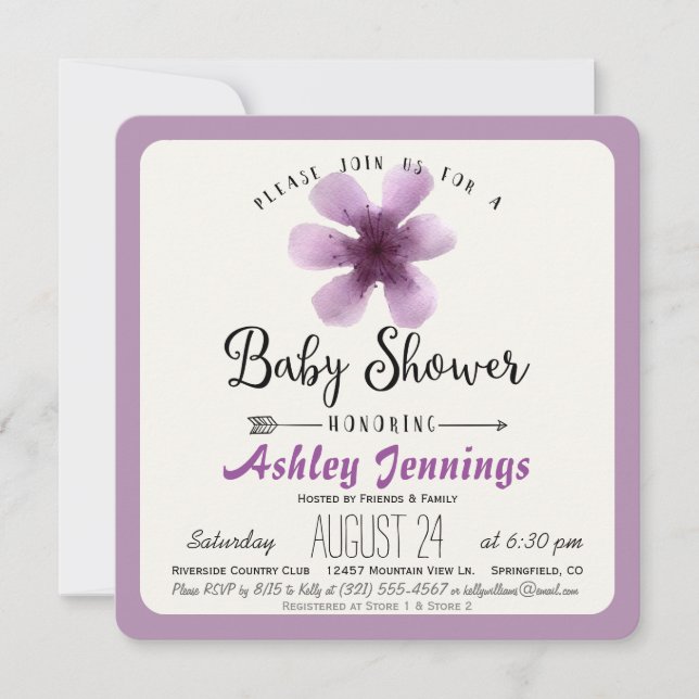 Elegant Violet Purple Floral Baby Shower Invitation (Front)