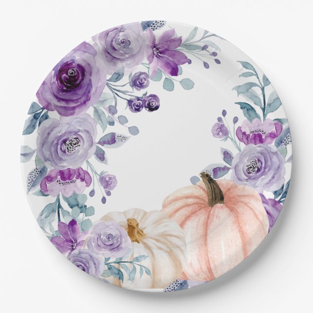 Elegant Violet Purple Floral Pumpkin Watercolor Paper Plate (Front)