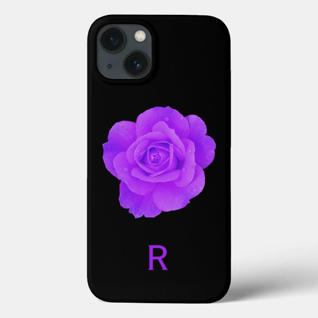 Elegant Violet Purple  Monogram Dark Floral Rose Case-Mate iPhone Case (Back)
