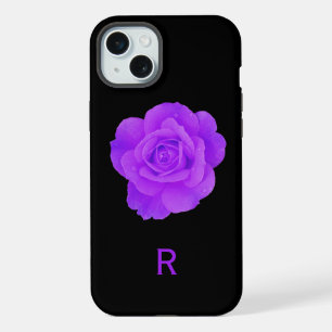 Elegant Violet Purple Monogram Dark Floral Rose iPhone 15 Plus Case