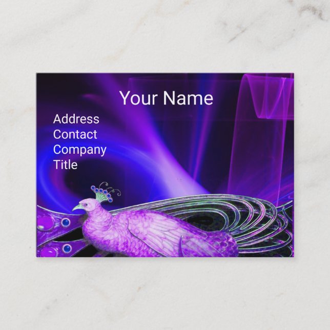 ELEGANT VIOLET PURPLE PEACOCK IN BLACK BLUE SWIRLS BUSINESS CARD (Front)