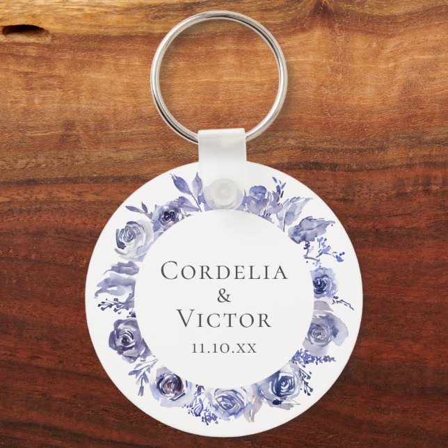 Elegant Violet Purple Roses Floral Wedding Key Ring (Front)