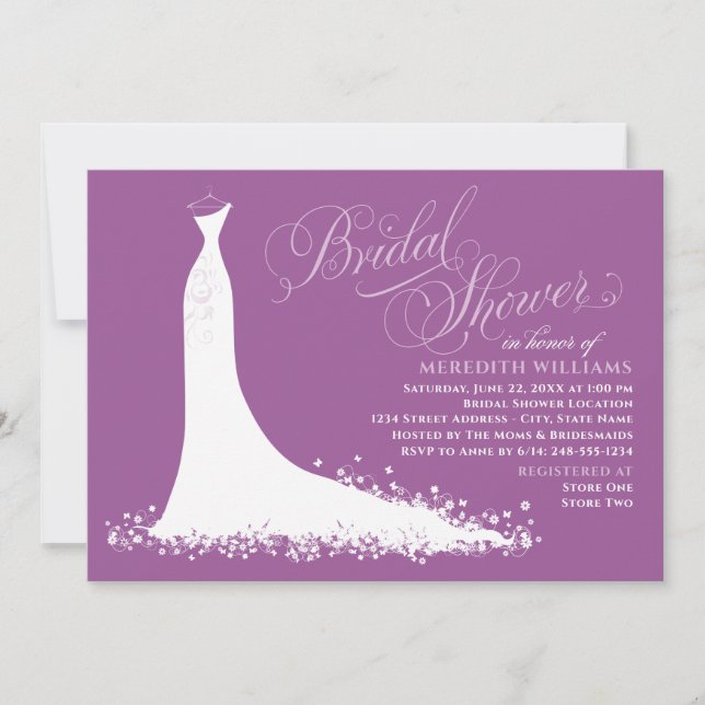 Elegant Violet Purple Wedding Gown Bridal Shower Invitation (Front)