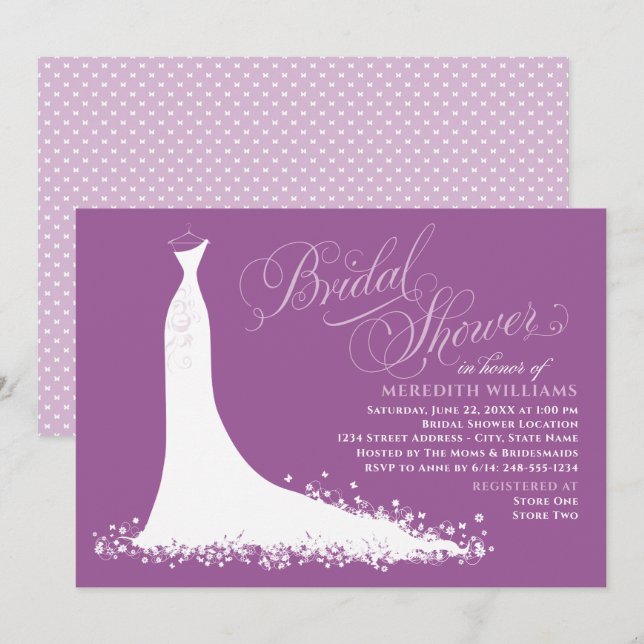 Elegant Violet Purple Wedding Gown Bridal Shower Invitation (Front/Back)