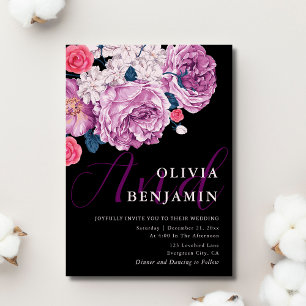 Elegant Violet Rose Calligraphy Black Wedding Invitation