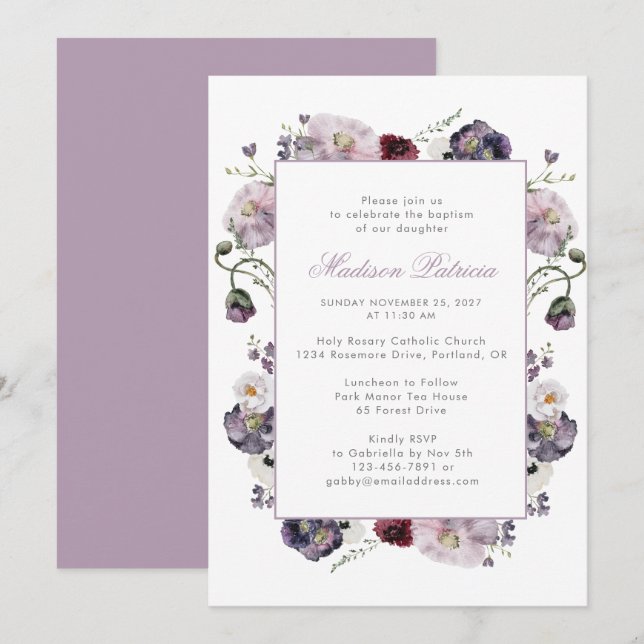 Elegant Violet Watercolor Floral  Invitation (Front/Back)