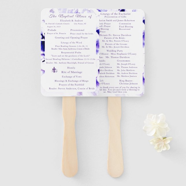 Elegant Violets Catholic Nuptial Mass Program Hand Fan (Front and Back)
