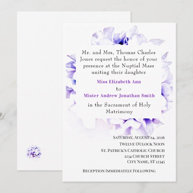 Elegant Violets Catholic Wedding Invitation (Front/Back)