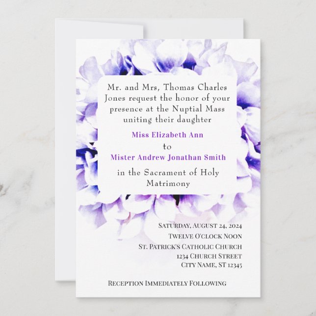 Elegant Violets Catholic Wedding Invitation (Front)