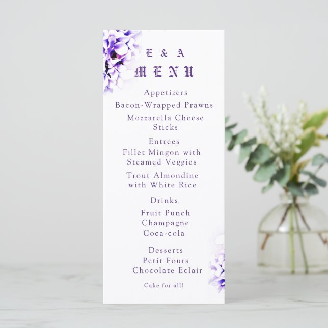 Elegant Violets Catholic Wedding Menu Card (Standing Front)