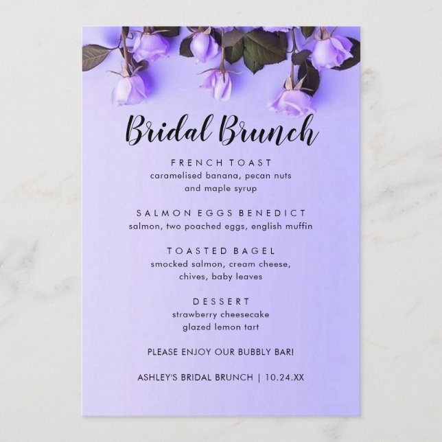 Elegant Violets Purple Floral Bridal Brunch Menu (Front)