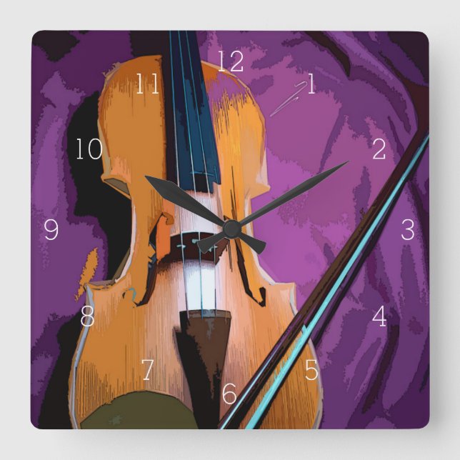 Elegant Violin on Purple Silk, Square Clock (Front)