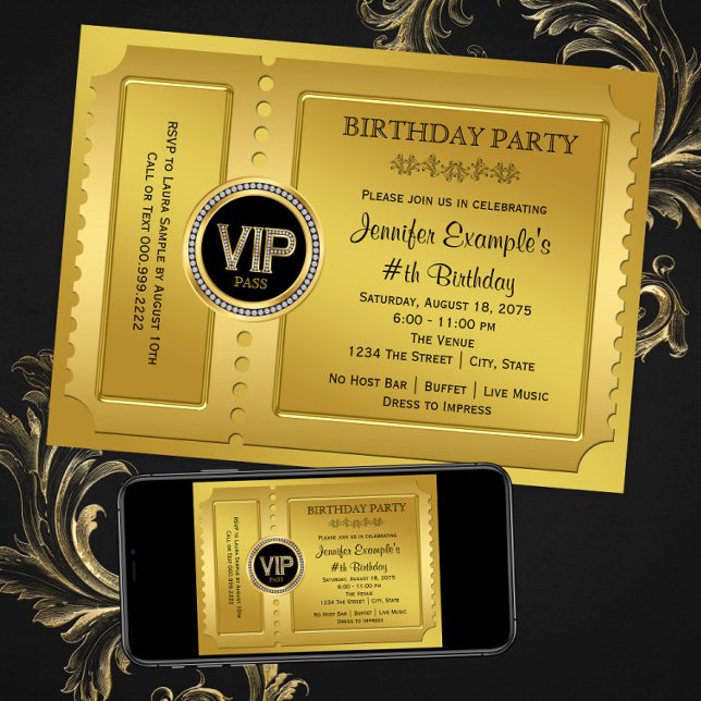 Elegant VIP Golden Ticket Birthday Party Invitation (Any number or event - add your own text. Instant download and printed invitations available. )