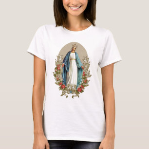 Elegant Virgin Mary Floral Roses Catholic T-Shirt