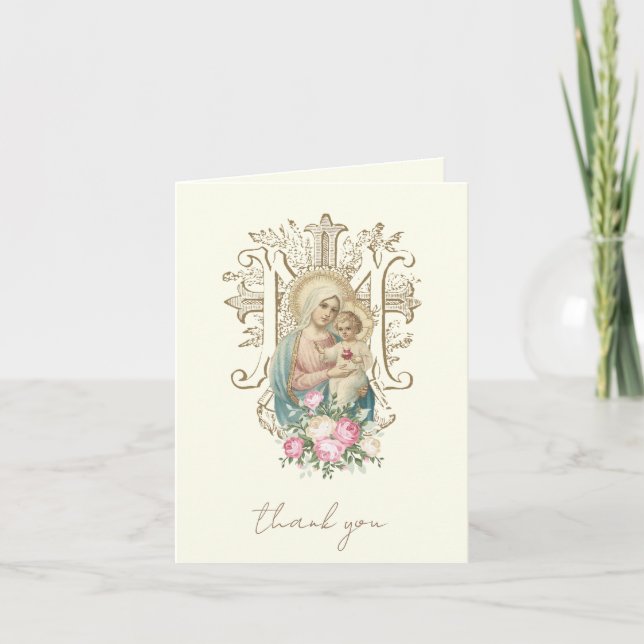 Elegant Virgin Mary Religious Catholic Floral  Holiday Card (Front)
