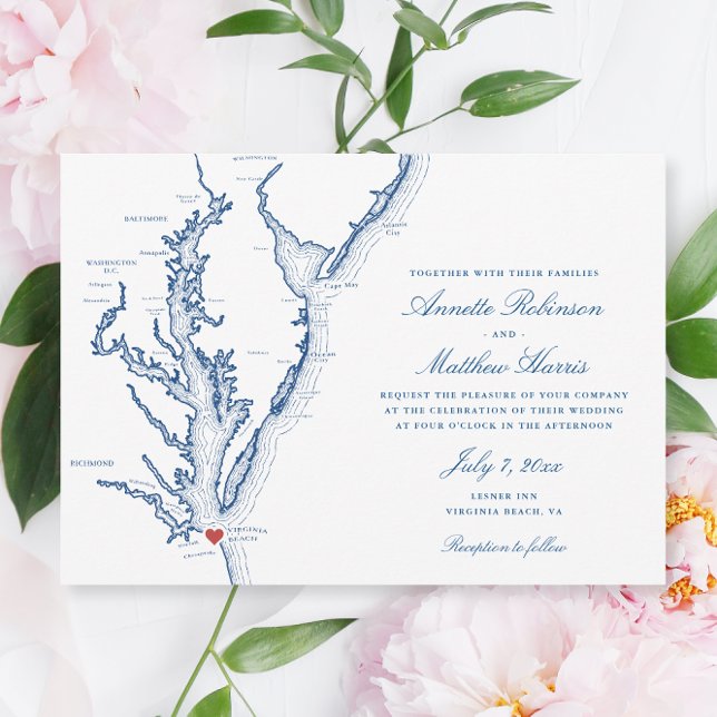Elegant Virginia Beach Map Wedding Invitation (Elegant Virginia Beach map wedding invitation with navy blue script and map of Chesapeake Bay)