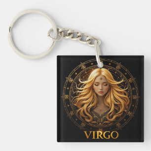 Elegant Virgo Zodiac Illustration Featuring Gold Key Ring
