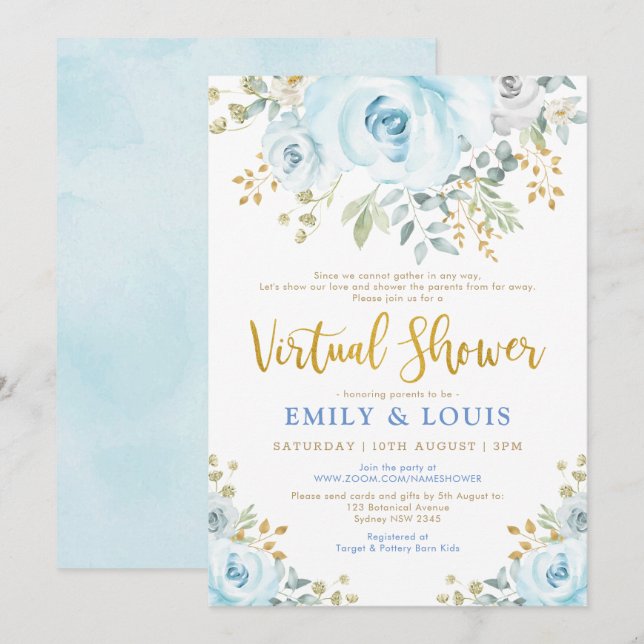 Elegant Virtual Baby Shower Blue Gold Floral Roses Invitation (Front/Back)