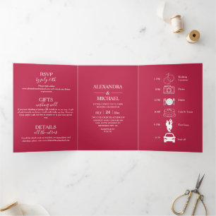 Elegant Viva Magenta Script Wedding Tri-Fold Invitation
