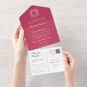 Elegant Viva Magenta Vintage Crest QR Code Photo All In One Invitation