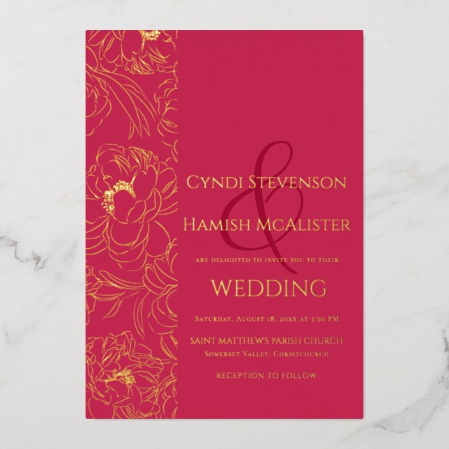 Elegant Viva Magenta Wedding Gold Foil Invitation (Front)