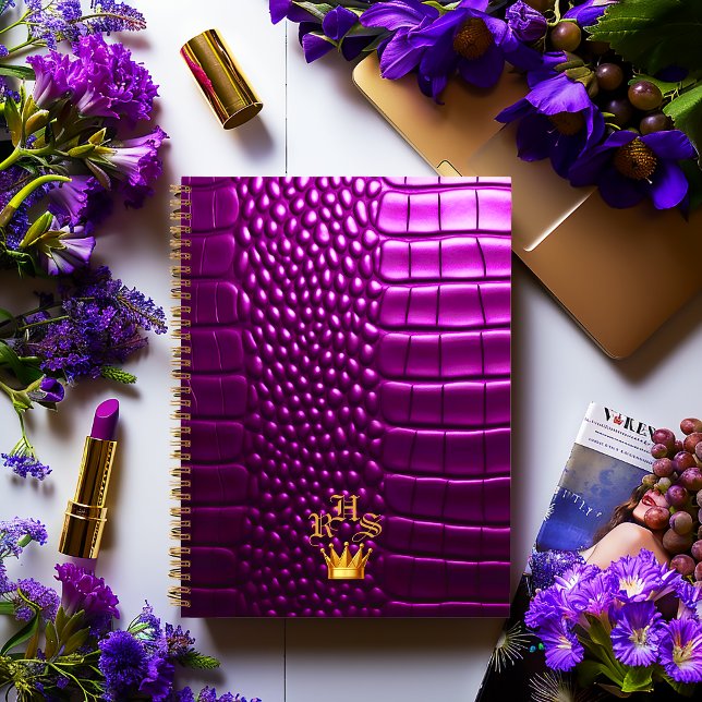 Elegant Vivid Purple Faux Crocodile Monogrammed Notebook (Glossy Faux Purple Croc Notebook /Glossy Soft Cover or Matte Hard Cover )