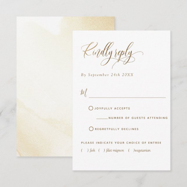 Elegant W/Without Meals, Golden Yellow, Wedding RSVP Card (Front/Back)