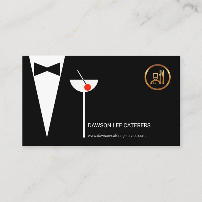Elegant Waiter's Tuxedo Simple Martini Glass Chef Business Card (Front)