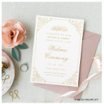 Elegant Walima Gold Islamic Muslim Wedding Invitation<br><div class="desc">Elegant White and Gold Islamic Wedding Invitation. Made for Muslim couples to celebrate their Walima ceremony. This is a luxury design with a vintage baroque scroll in the corner of the frame. You can edit the card colour and all the information written on the card. Paper type can be changed...</div>
