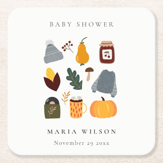 Elegant Warm Cosy Autumn Essential Baby Shower Square Paper Coaster (Front)