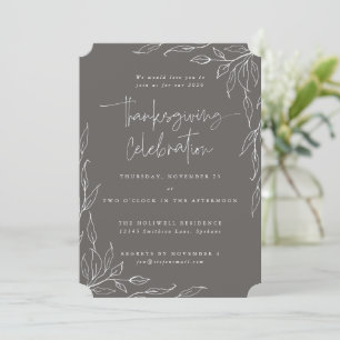 Elegant Warm Grey Modern Leaf Motif Thanksgiving Invitation