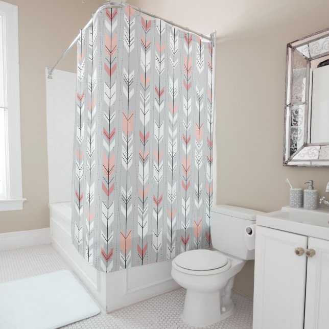 Elegant Warm Grey White Pink Arrows Raining Down Shower Curtain (In Situ)