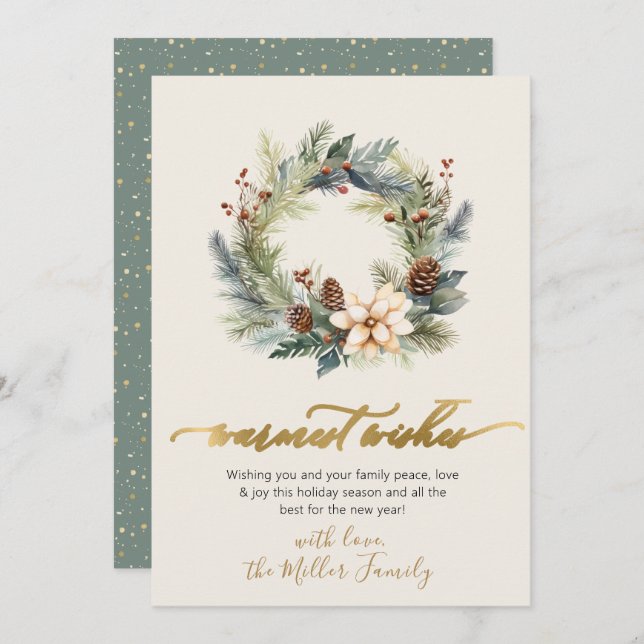 Elegant Warmest Wishes Gold Script Wreath Greenery Holiday Card (Front/Back)
