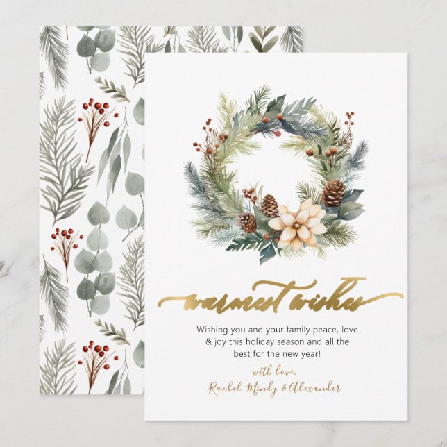Elegant Warmest Wishes Script Wreath Christmas Holiday Card (Front/Back)