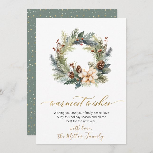 Elegant Warmest Wishes Script Wreath Greenery Holiday Card (Front/Back)
