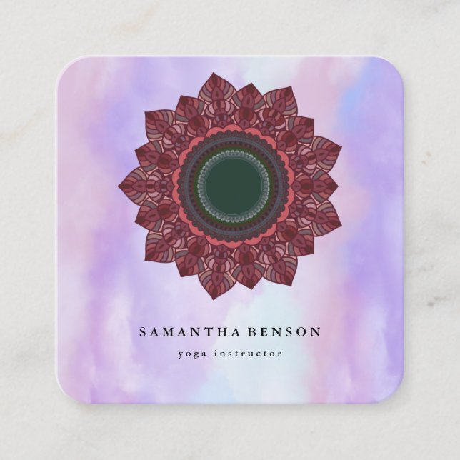 Elegant Water Colour Lotus Flower Logo Yoga Busine Square Business Card (Front)