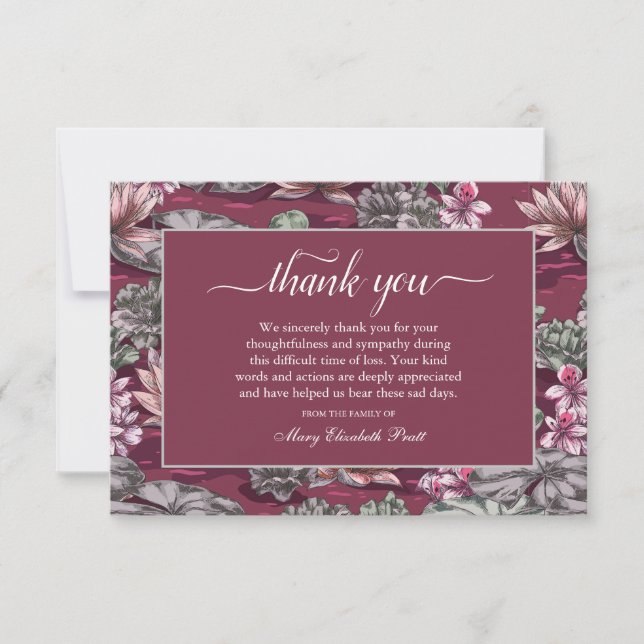 Elegant Water Lily Pond Funeral Thank You Card (Front)